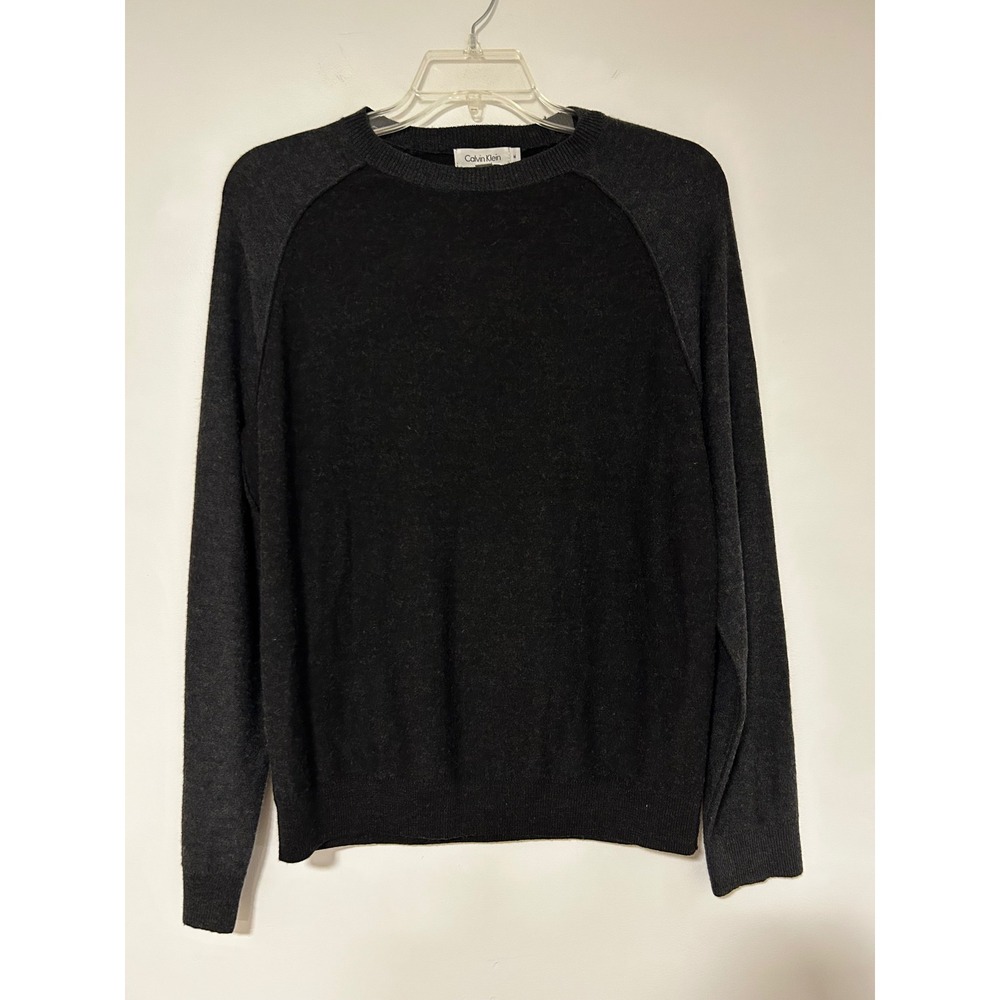 Calvin Klein Mens Extra Fine Merino Wool Crewneck Sweater Black Grey Raglan M